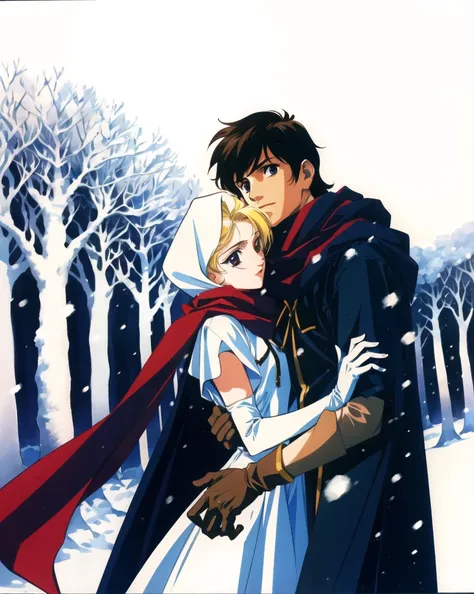 yuuki nobuteru, 1990s \(style\), 1boy, 1girl, blonde hair, cloak, dress, elbow gloves, forest, gloves, hood, hood up, hug, nature, outdoors, red scarf, retro artstyle, scarf, snowing, white dress, ((masterpiece)) <lora:yuuki_nobuteru_offset:1>