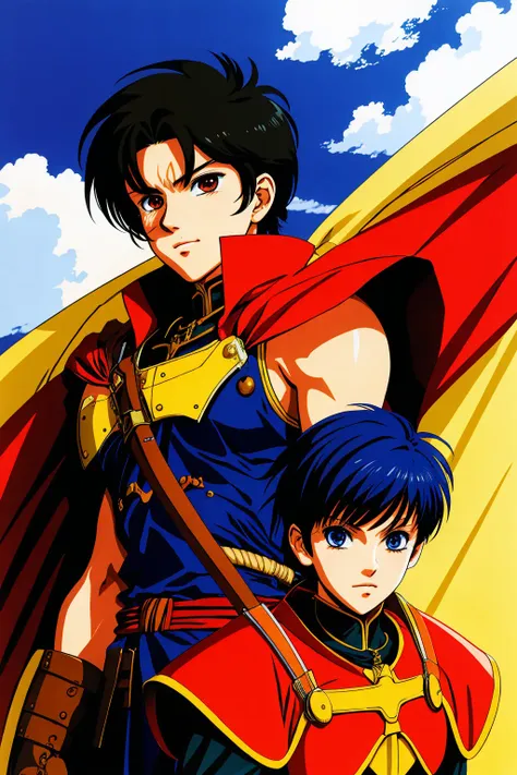 anime poster, retro style,  yuuki nobuteru, 1990s \(style\), 1girl,  warrior, short  black hair, armor,  dark skin, medieval 
masterpiece, high quality, 8k   <lora:yuukiNobuteru1990_offset:1>
