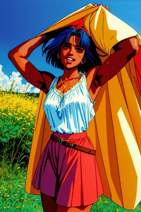 jenn1f1850, yuuki nobuteru, 1990s \(style\), 1girl, armlet, arms up, blanket, blue eyes, blue hair, cowboy shot, dark-skinned female, dark skin, day, miniskirt, nature, open mouth, outdoors, retro artstyle, short hair, skirt, sleeveless, solo, water, ((masterpiece)) anime, flat color,
<lora:yuukiNobuteru1990_offset:1>