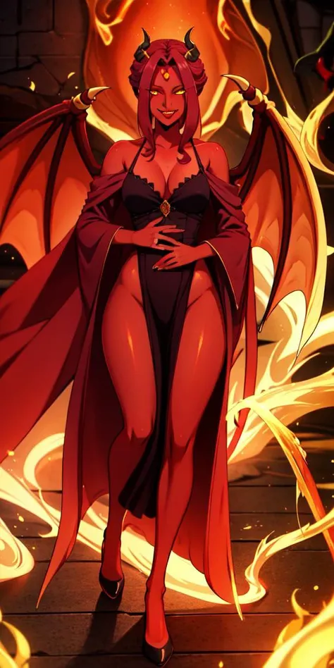 <lora:mirellia_q_melromarcV2:0.5>,mirellia_q_melromarc,(masterpiece),(best quality),(ultra high res),Full body photo,solo,standing,looking at viewer,<lora:succubufication-10:1>,succubify,(red skin:1.3),demon horns,demon tail,demon wings,(yellow eyes, glowing eyes:1.2),seductive smile,(black lips:1.2),