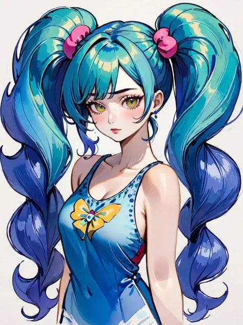 Watercolor painting beautiful woman with mega twintails <lora:xl_n15g_aio_hairstyles-1.0:0.6> . Vibrant, beautiful, painterly, detailed, textural, artistic