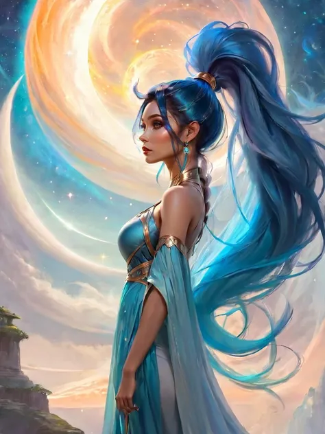 ((melhor qualidade)), ((master part)), (circunstanciado)), ethereal beauty, (Fantasy Illustration: 1.3), corpo inteiro,sorriso feliz, Olhando encantadoramente., Gestos bonitos., cabelo preto liso, Um lindo vestido roxo mostra seus ombros.. , Encanto extraterrestre, mysterious sky, (Luis Royo:1.2), noite de luar, cores suaves, (Nuvens de detalhes:1.3), (alta resolução:1.2)
