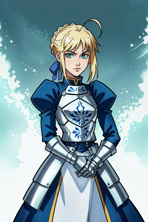 ((best quality)), ((masterpiece)), (detailed),gabriel picolo, artoria pendragon (fate), ribbon, hair ribbon, armor, braid, puffy sleeves, juliet sleeves, gauntlets, long sleeves, looking at viewer, sidelocks, breastplate, french braid, single hair bun<lora:GPSD:0.4> ((blue theme)),<lora:Artoria_Pendragon:0.6>