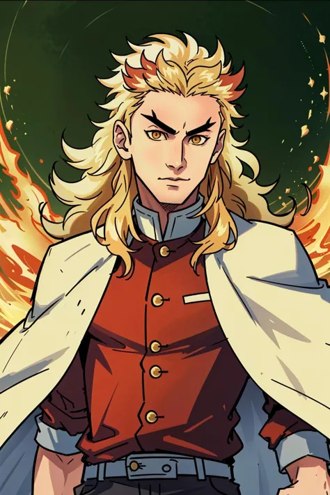((best quality)), ((masterpiece)), (detailed),gabriel picolo, solo, rengoku kyojuro, jacket, demon slayer uniform, forked eyebrows, 1boy, male focus, long hair, white cape, looking at viewer, closed mouth, belt, red theme, <lora:GPSD:0.4> <lora:demonslayer_rengoku:0.6>