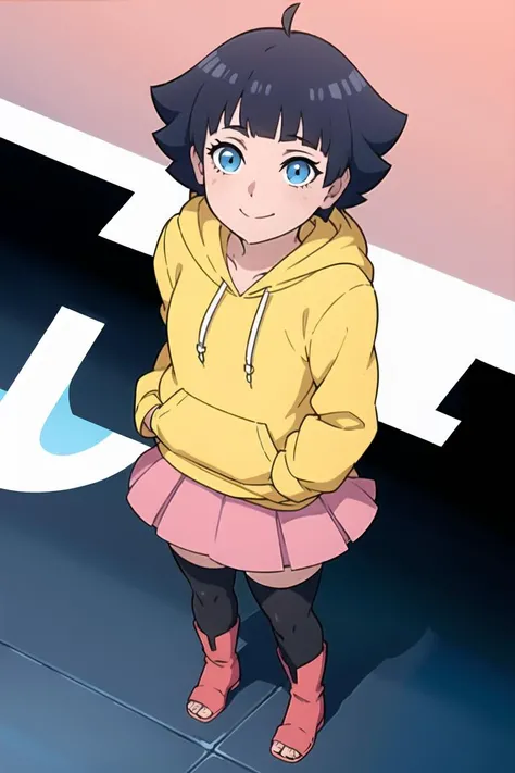 uzumaki_himawari, (masterpiece: 1.2), (absurdres: 1.2),(best quality: 1.2), short black hair, blunt bangs, blue eyes, ((yellow hoodie, pink skirt)), black thigh highs, red boots, young girl, smiling, ((solo)), (full body), standing, simple white background, view from above, anime screenshot, <lora:UzumakiHimawari_v1:0.6>, <lora:animeScreenshotLikeStyleMixLora_v10:1>
