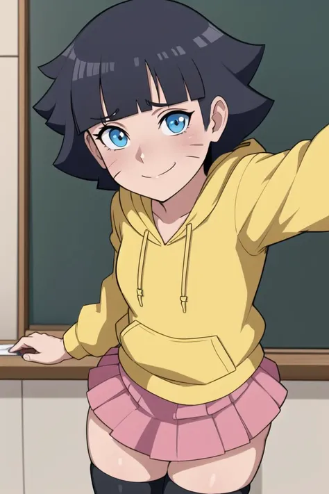 uzumaki_himawari, (masterpiece: 1.2), (absurdres: 1.2),(best quality: 1.2),  (young girl), (lines on face), short black hair, blunt bangs, blue eyes, ((yellow hoodie, pink skirt)), black thigh highs, smiling, ((solo)), cowboyshot, selfie, standing, classroom, chalkboard, anime screenshot, <lora:UzumakiHimawari_v1:0.6>,