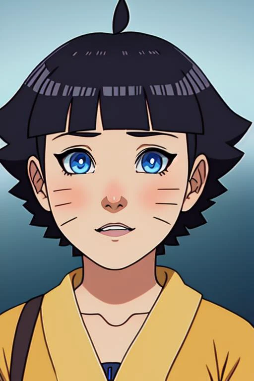 <lora:UzumakiHimawari_v1:.7> "UZUMAKI_HIMAWARI, SHORT BLACK HAIR, BLUNT BANGS, BLUE EYES, LINES ON FACE"