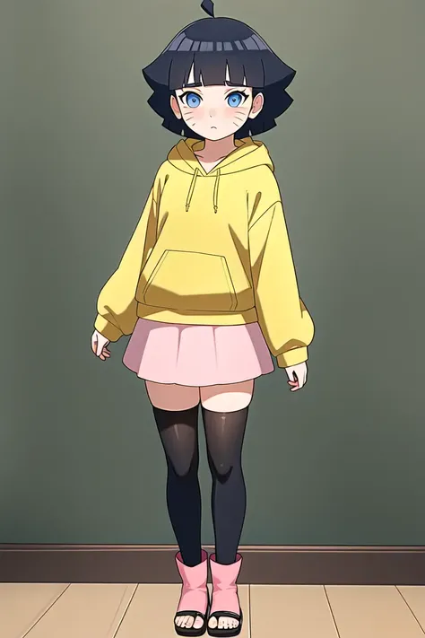 uzumaki_himawari, (masterpiece: 1.2), (absurdres: 1.2),(best quality: 1.2), (young girl), (lines on face), short black hair, blunt bangs, blue eyes, ((yellow hoodie, pink skirt)), black thigh highs, red boots, standing, ((solo)), full body, <lora:UzumakiHimawari_v1:0.6>,