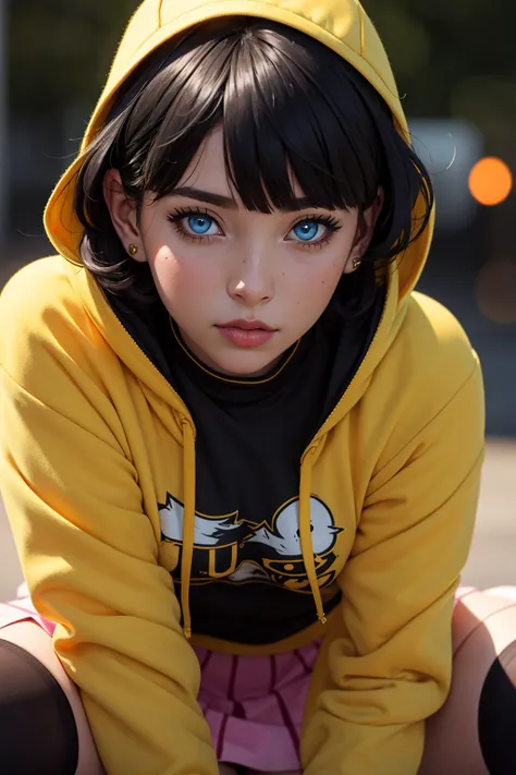 photography, ultra realistic, 1girl, close-up portrait, uzumaki_himawari, short black hair, blunt bangs, blue eyes, lines on face, yellow hoodie, pink pleated skirt, black thigh highs, red boots, blush, (skindentation), detailed clothes, beautifully detailed woman, extremely detailed eyes and face, beautiful detailed eyes, (bokeh, UHD, HDR, highres, ultra detailed, intricate details, textural effects, absurdres, masterpiece, 8k:1.2), detailed background, <lora:uzumakiHimawariBoruto_v10:0.7>