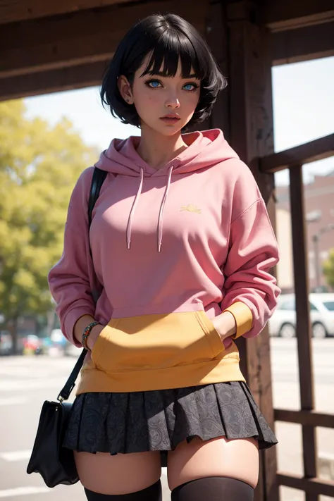 photography, ultra realistic, 1girl, cowboy shot, uzumaki_himawari, short black hair, blunt bangs, blue eyes, lines on face, yellow hoodie, pink pleated skirt, black thigh highs, red boots, blush, (skindentation), detailed clothes, beautifully detailed woman, extremely detailed eyes and face, beautiful detailed eyes, (bokeh, UHD, HDR, highres, ultra detailed, intricate details, textural effects, absurdres, masterpiece, 8k:1.2), detailed background, <lora:uzumakiHimawariBoruto_v10:0.7>