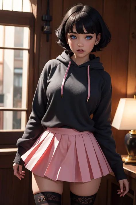photography, ultra realistic, 1girl, full body shot, uzumaki_himawari, short black hair, blunt bangs, blue eyes, lines on face, yellow hoodie, pink pleated skirt, black thigh highs, red boots, blush, (skindentation), detailed clothes, beautifully detailed woman, extremely detailed eyes and face, beautiful detailed eyes, (bokeh, UHD, HDR, highres, ultra detailed, intricate details, textural effects, absurdres, masterpiece, 8k:1.2), detailed background, <lora:uzumakiHimawariBoruto_v10:0.7>