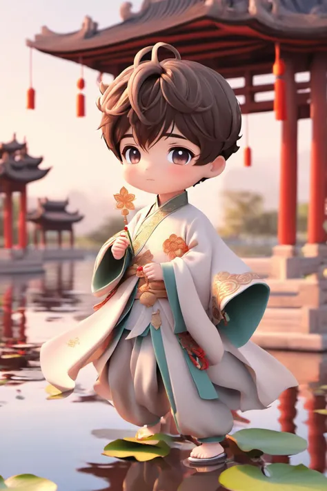 1 boy, solo, chibi, Chinese clothes, lotus, lake, chinese architecture,  <lora:mengwa:1>