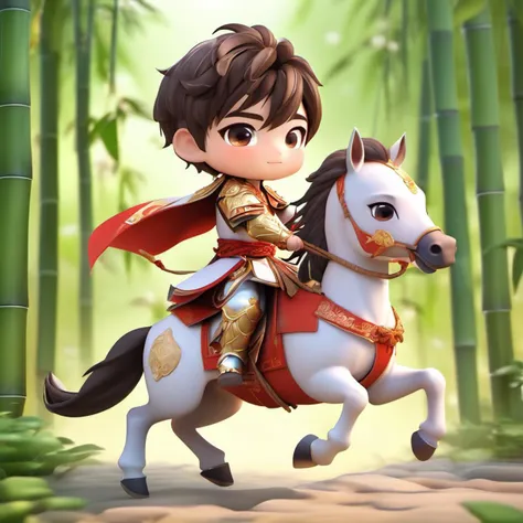 1 boy, solo, chibi, wearing chinese armor, cool, riding horse, bamboo forest <lora:mengwa:0.9>