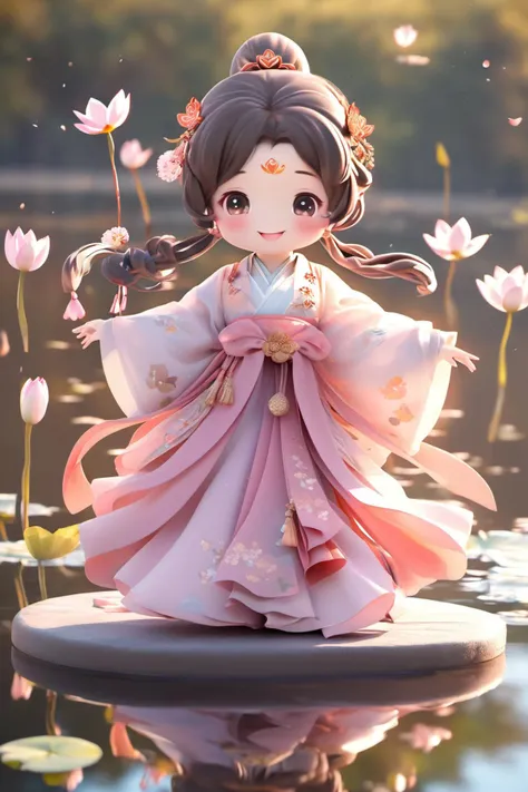 1 girl, solo, chibi, wearing hanfu, smile, dancing, lotus, lake, bird,reflection,   <lora:mengwa:1>