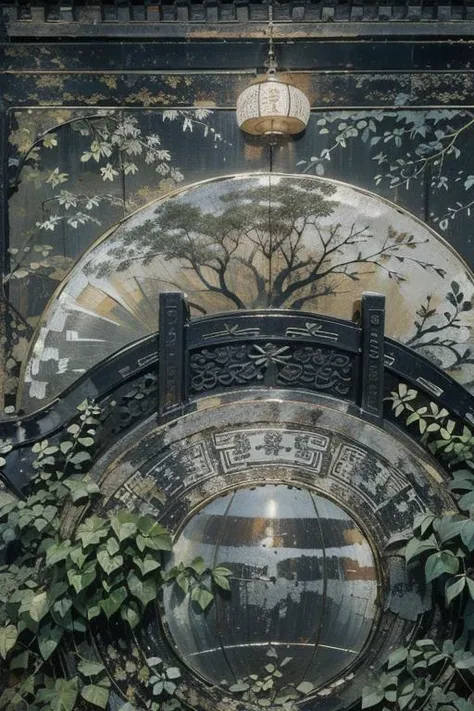 figure,linen texture,scene,plant,tree,background,graphic illustration,chinese art,classical,silver foil texture,, best quality,masterpiece,(photo realistic),