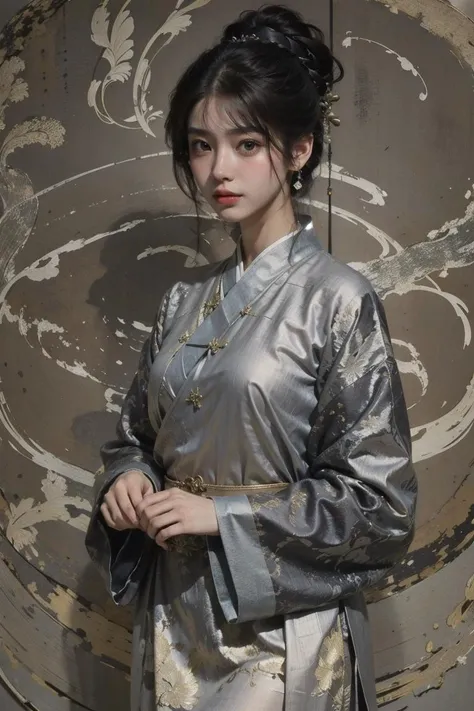 (linen texture:1.1),1girl,hanfu,rough texture of clothing,silver foil texture acts on clothes,the rough texture of silver foil acts on clothes,the effect of linen texture on clothing,mucha art style,smile,tooth,, best quality,masterpiece,(photo realistic),