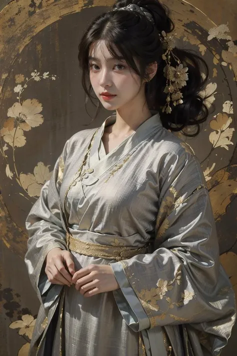 (linen texture:1.1),1girl,hanfu,rough texture of clothing,silver foil texture acts on clothes,the rough texture of silver foil acts on clothes,the effect of linen texture on clothing,mucha art style,, best quality,masterpiece,(photo realistic),