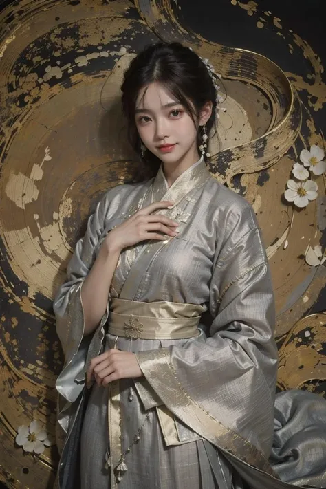 (linen texture:1.1),1girl,hanfu,rough texture of clothing,silver foil texture acts on clothes,the rough texture of silver foil acts on clothes,the effect of linen texture on clothing,mucha art style,smile,tooth,, best quality,masterpiece,(photo realistic),