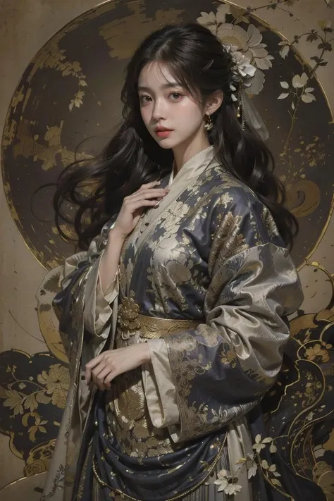 (linen texture:1.1),1girl,hanfu,rough texture of clothing,silver foil texture acts on clothes,the rough texture of silver foil acts on clothes,the effect of linen texture on clothing,mucha art style,, best quality,masterpiece,(photo realistic),