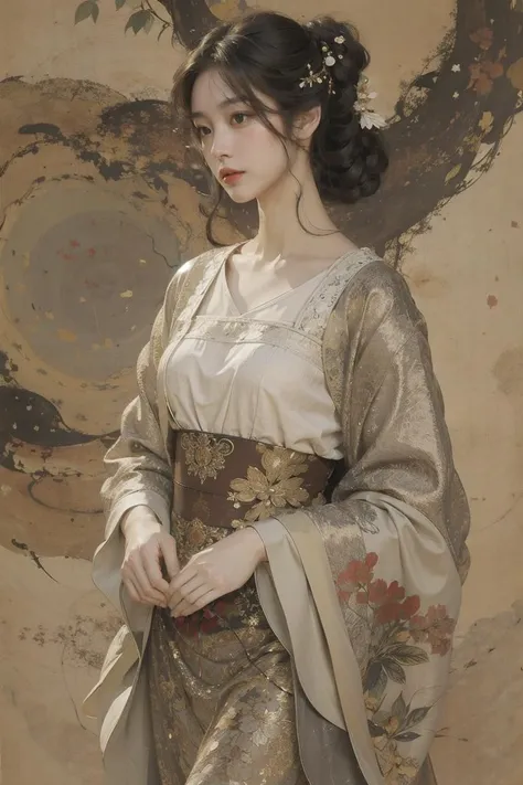 (linen texture:1.1),1girl,hanfu,rough texture of clothing,silver foil texture acts on clothes,the rough texture of silver foil acts on clothes,the effect of linen texture on clothing,mucha art style,, best quality,masterpiece,(photo realistic),