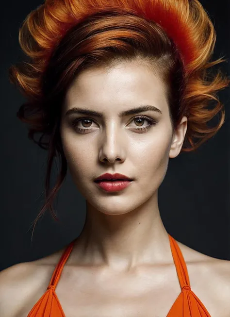 portrait of sks woman by Flora Borsi, style by Flora Borsi, bold, bright colours, orange Mohawk haircut, ((Flora Borsi)), <lora:locon_alexandrabotez_v1_from_v1_64_32:1>
