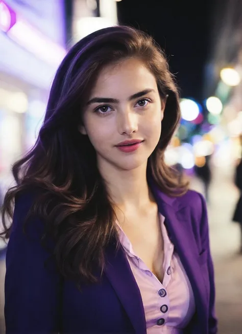 candid RAW close up portrait photo of sks woman in a (purple colored suit:1.0) on a dark street with shopping windows (at night:1.2), bokeh, Ilford Delta 3200 film, dof, high definition, detailed, intricate, flashlight, <lora:locon_alexandrabotez_v1_from_v1_64_32:1.25>