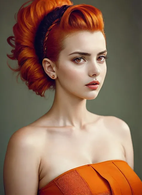 portrait of sks woman by Flora Borsi, style by Flora Borsi, bold, bright colours, orange Mohawk haircut, ((Flora Borsi)), <lora:locon_alexandrabotez_v1_from_v1_64_32:1>