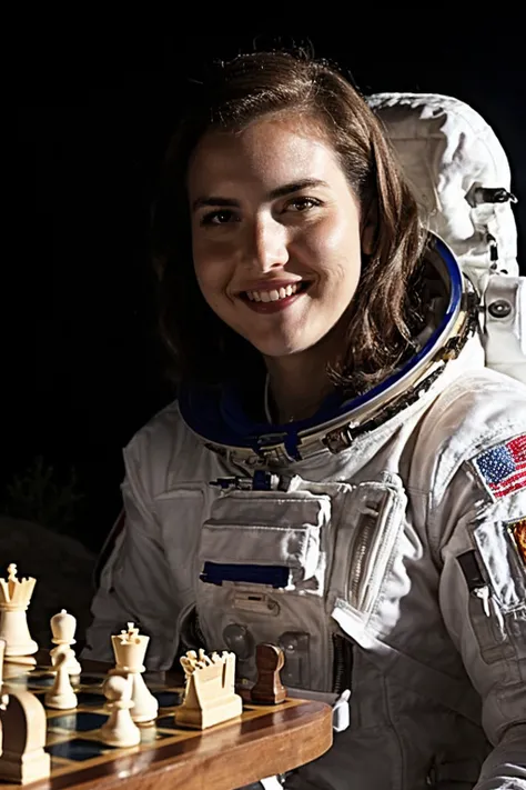 closeup portrait photo of sks woman, playing chess on the moon, sitting at a rock table, wearing astronaut costume, <lyco:locon_alexandrabotez_v1_from_v1_64_32:1.2>, night, smile