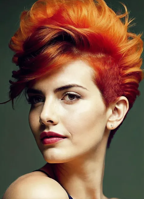 portrait of sks woman by Flora Borsi, style by Flora Borsi, bold, bright colours, orange Mohawk haircut, ((Flora Borsi)), <lora:locon_alexandrabotez_v1_from_v1_64_32:1.25>
