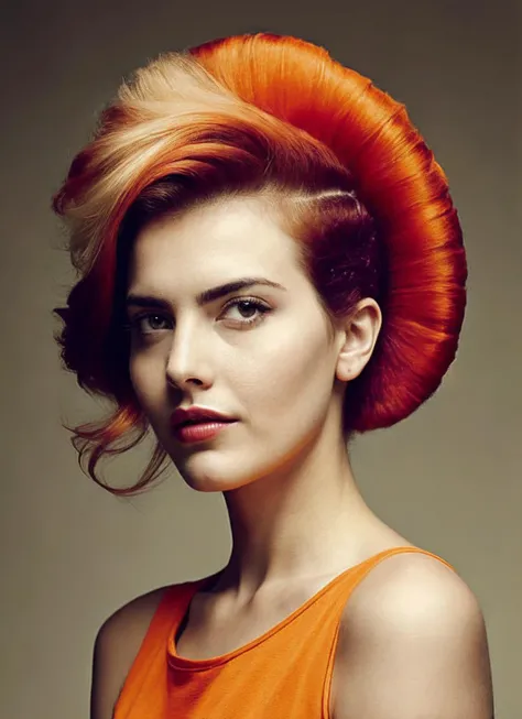 portrait of sks woman by Flora Borsi, style by Flora Borsi, bold, bright colours, orange Mohawk haircut, ((Flora Borsi)), <lora:locon_alexandrabotez_v1_from_v1_64_32:1.25>