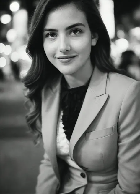 candid RAW close up portrait photo of sks woman in a (purple colored suit:1.0) on a dark street with shopping windows (at night:1.2), bokeh, Ilford Delta 3200 film, dof, high definition, detailed, intricate, flashlight, <lora:locon_alexandrabotez_v1_from_v1_64_32:1.25>