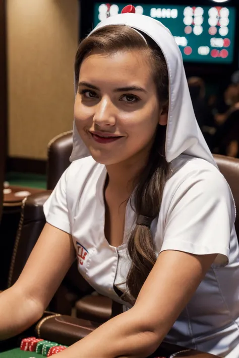 sks woman <lyco:locon_alexandrabotez_v1_from_v1_64_32:1.2>, wearing a nun costume, playing poker, sitting at a poker table, masterpiece, best quality, RAW photo portrait, 8k uhd, dslr, film grain, Fujifilm XT3, Texas hold 'em