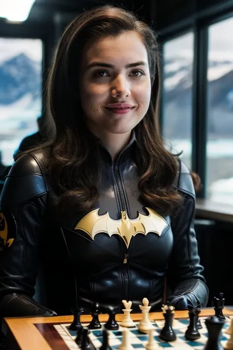 closeup portrait photo of sks woman, playing chess in antarctica, sitting at a table, wearing batman costume, <lyco:locon_alexandrabotez_v1_from_v1_64_32:1.2>