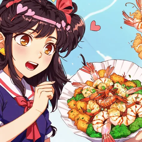 Night festival, girl eating sausage on the stick, smiling, cartoon style image