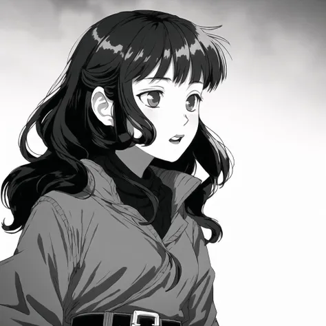 <lora:avas_retro_06-04:1>,
1girl, bangs, belt, casual, closed mouth, coat, coat removed, dutch angle, expressionless, gradient, gradient background, greyscale, halftone, highres, holding, holding clothes, holding coat, lips, long hair, long sleeves, looking away, monochrome, saitou shiori \(pixiv14549321\), santa costume, solo, strap, sweater, upper body, wavy hair
