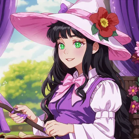 <lora:avas_retro_06-04:1>,
1girl, bangs, black pantyhose, book, bow, broom, cauldron, closed mouth, dress, english commentary, eyebrows hidden by hair, flower, green eyes, hat, hat bow, highres, korean text, long hair, long sleeves, looking at viewer, menna \(0012\), nail polish, open book, pantyhose, pink flower, pink hair, pink nails, purple dress, purple headwear, red bow, red flower, sitting, sitting in window, sleeves past wrists, smile, solo, very long hair, white dress, white flower, wide sleeves, witch hat