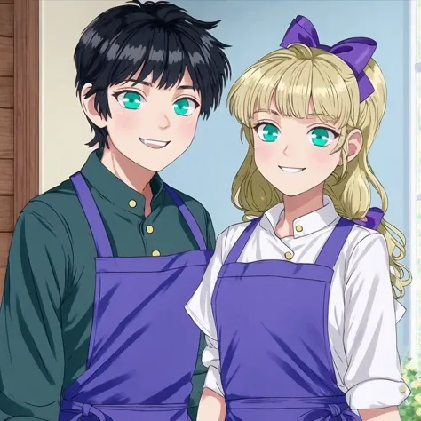 <lora:avas_retro_06-04:1>,
1boy, 1girl, apron, bangs, black bow, black hair, blonde hair, blue bow, blue dress, blue eyes, blunt bangs, boots, bow, dress, full body, green jacket, grey pants, hair bow, highres, jacket, long hair, looking at another, pants, shaun \(shadows house\), shirt, short hair, smile, twintails, two side up, white apron, white shirt, yomo \(yomooo1313\)