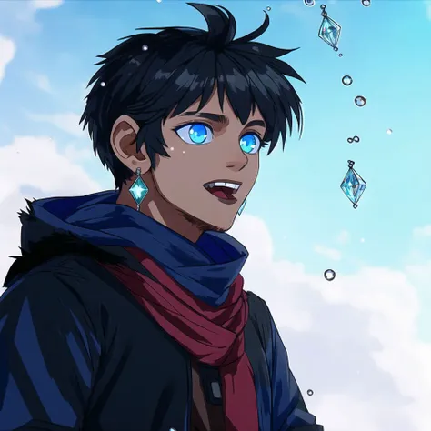 <lora:avas_retro_06-04:1>,
1boy, ahoge, bangs, black background, black gloves, blood, blue coat, blue eyes, brown hair, coat, crystal, crystal earrings, earrings, english commentary, eyes visible through hair, fur-trimmed hood, fur trim, gloves, hair between eyes, hair ornament, hand on own face, hands up, highres, holding, holding weapon, hood, hooded coat, jewelry, light, long sleeves, looking at viewer, male focus, official alternate costume, open mouth, red scarf, scarf, short hair, simple background, single earring, sitting, smile, solo, sword, teeth, tongue, upper body, water, water drop, weapon, yeyarongbing