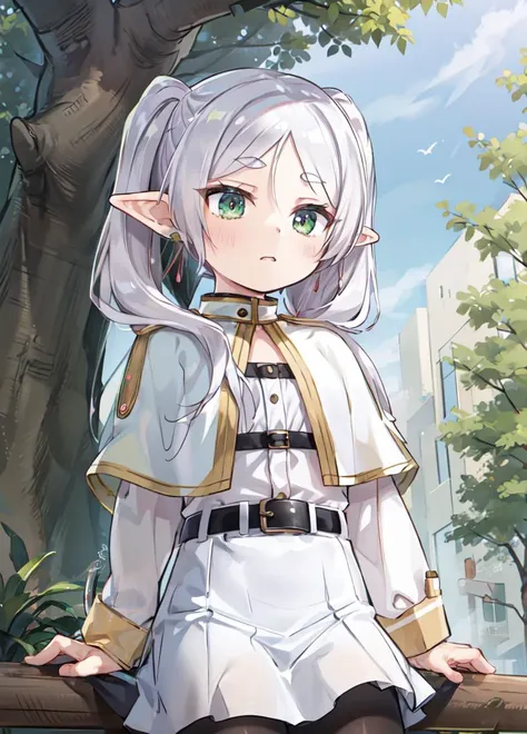 sitted on a tree
<lora:yukinominato_style_v3:.8> 
 <lora:CHAR-Frieren:.9> Frieren, twintails, earrings, FrierenBase, twintails, earrings, white capelet, striped shirt, white skirt, long sleeves, belt, black pantyhose,