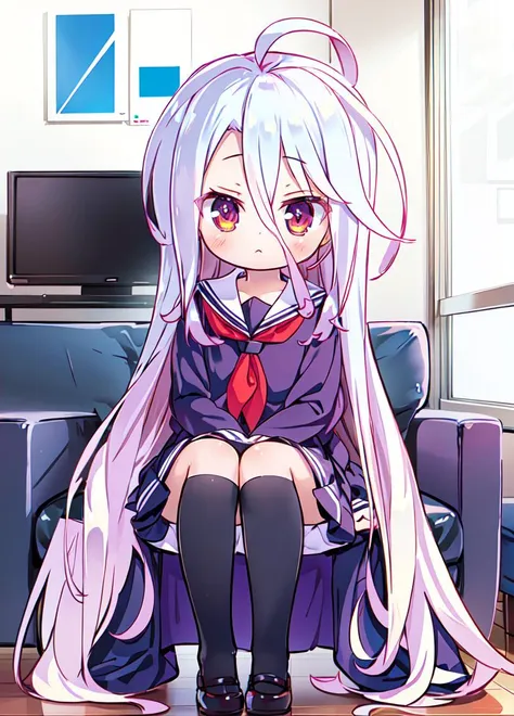 a girl on sitted on a throne, full body, 
 <lora:NgnlShiro:0.5> ngnlshiro,  very long hair,  messy hair, flat chest, serafuku, purple shirt, purple skirt, black thighhighs
<lora:yukinominato_style_v3:.8>