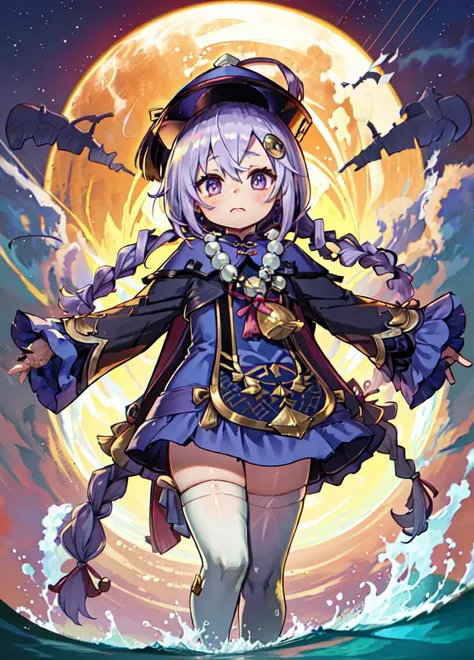 A girl wading, full body, 
<lora:yukinominato_style_v3:.8> 
 <lora:qiqi_genshin:0.6> qiqi_genshin, purple_hair, bangs, hat, ofuda, qing_guanmao, hair_ornament, purple_eyes, jewelry, jiangshi, necklace, beads, bead_necklace, coin_hair_ornament, purple_headwear, long_hair, braid, hair_between_eyes, blush