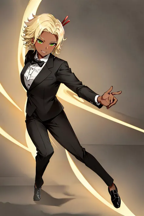 <lora:ArslanAltan:0.8> arslanaltan, 1girl, blonde hair, short hair, green eyes, dark skin, hair ornament, black suit, tuxedo, black pants, (Masterpiece, Best Quality, Highres:1.2), Detailed, Intricate Details, 4K, solo, full body, high rating, closed mouth, smile, looking at viewer, large breasts, dynamic pose,