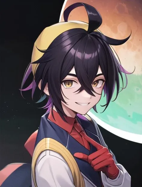 best quality, masterpiece, highres, detailed, digital artwork, <lora:Detail - add_detail:0.2>, KieranSuguri, 1boy, black hair, two-toned hair, purple hair, yellow hair, red gloves, uniform, evil smile, <lora:KieranSuguri-10:0.8>,, lunar base