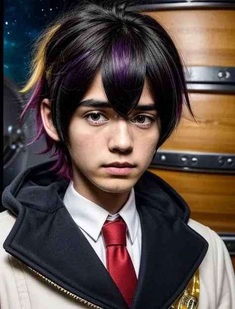 best quality, masterpiece, highres, detailed, realistic, cosplay, <lora:Detail - add_detail:0.2>, KieranSuguri, 1boy, black hair, two-toned hair, purple hair, yellow hair, red gloves, uniform, ^_^,  <lora:KieranSuguri-10:0.8>,, space station