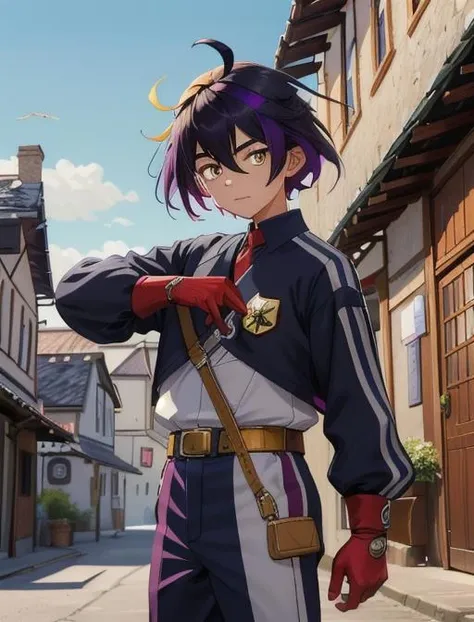 best quality, masterpiece, highres, detailed, digital artwork, <lora:Detail - add_detail:0.2>, KieranSuguri, 1boy, black hair, two-toned hair, purple hair, yellow hair, red gloves, uniform, ^_^,  <lora:KieranSuguri-10:0.8>,, medieval village