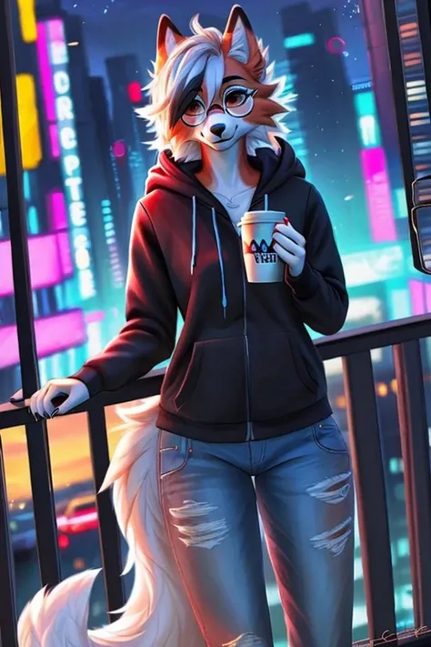safe, beautiful, incredible, impressive, poster,
solo, (dusk lycanroc), anthro, clothes, hoodie, jeans, pants, coffee cup, beverage, round glasses,
detailed background, city, outside,
<lora:LycanrocForms:1>