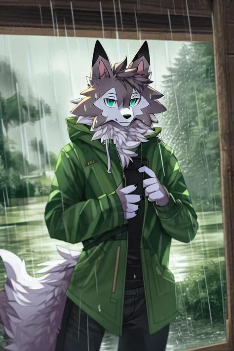 safe, beautiful, incredible, impressive, poster,
nj5furry, 
solo, (male), (midday lycanroc), anthro, clothes, green raincoat, gray pants, pants, looking at viewer, 
detailed background, village, (raining), outside, 
<lora:LycanrocForms:1> <lora:nj5furry-v2:1>