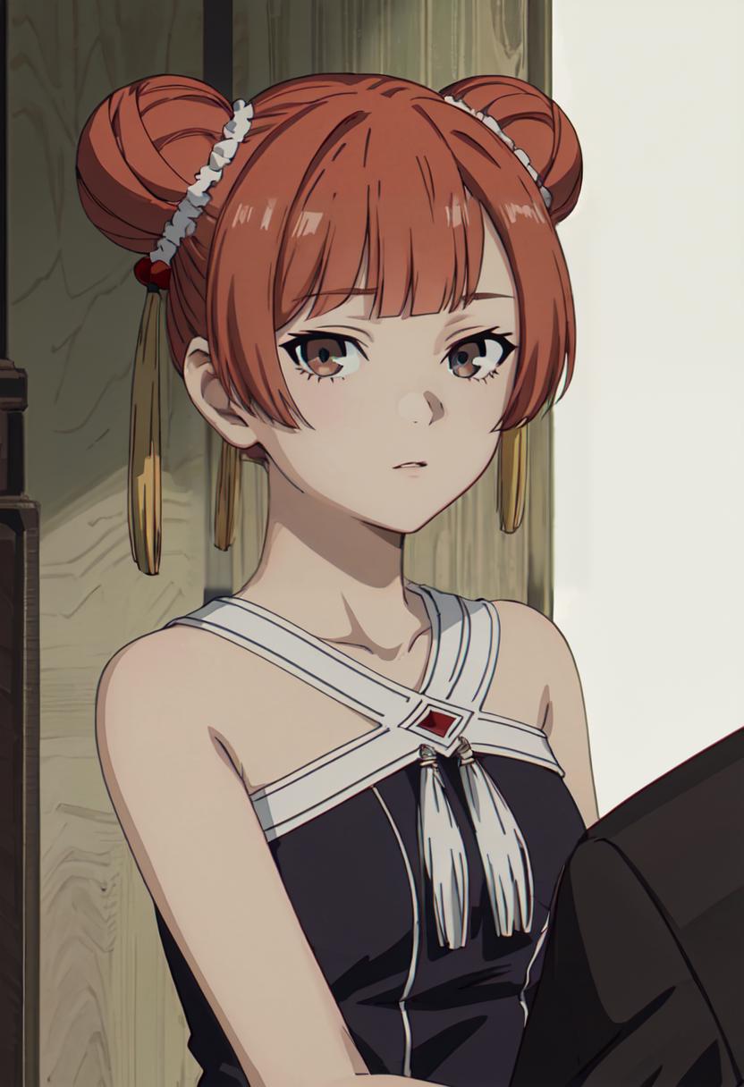 A woman with red hair and a black dress is sitting down - SeaArt AI