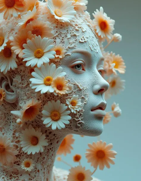 The image shows the profile of a face covered in lace fabric and surrounded by flowers, mostly daisies. The face looks like a part of nature, with colors that blend seamlessly into its features. The color scheme of the image consists of soft, muted tones, creating an atmosphere of calm and harmony.<lora:s:1> <lora:Midjourney_imitation_FLUX:1> <lora:Laura_Flux_A_Timeless_Fusion_of_Ancient_Wonders_and_Futuristic_Marvels:1>