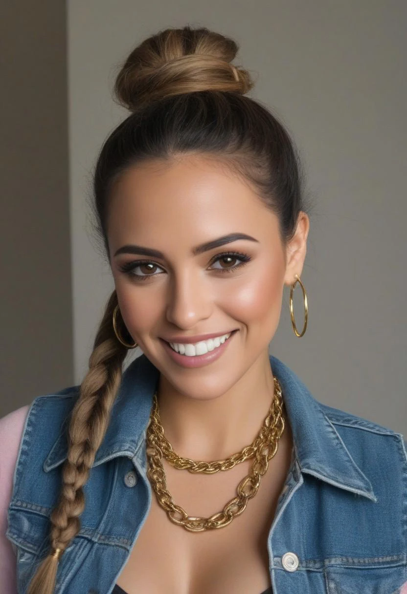 Candid photograph of a smiling Latina with long hair styled in a thick braid_mermaid, with face framing tendrils, bronze smokey eyeshadow, brown lipstick, large hoop earrings, open cropped denim vest with collar, gold chain necklace, She is topless, no bra, Real Nipples and Areola Textures, RNAT. Masterpiece, highest quality. Sexy. Perfect breasts. Puffy Nipples.